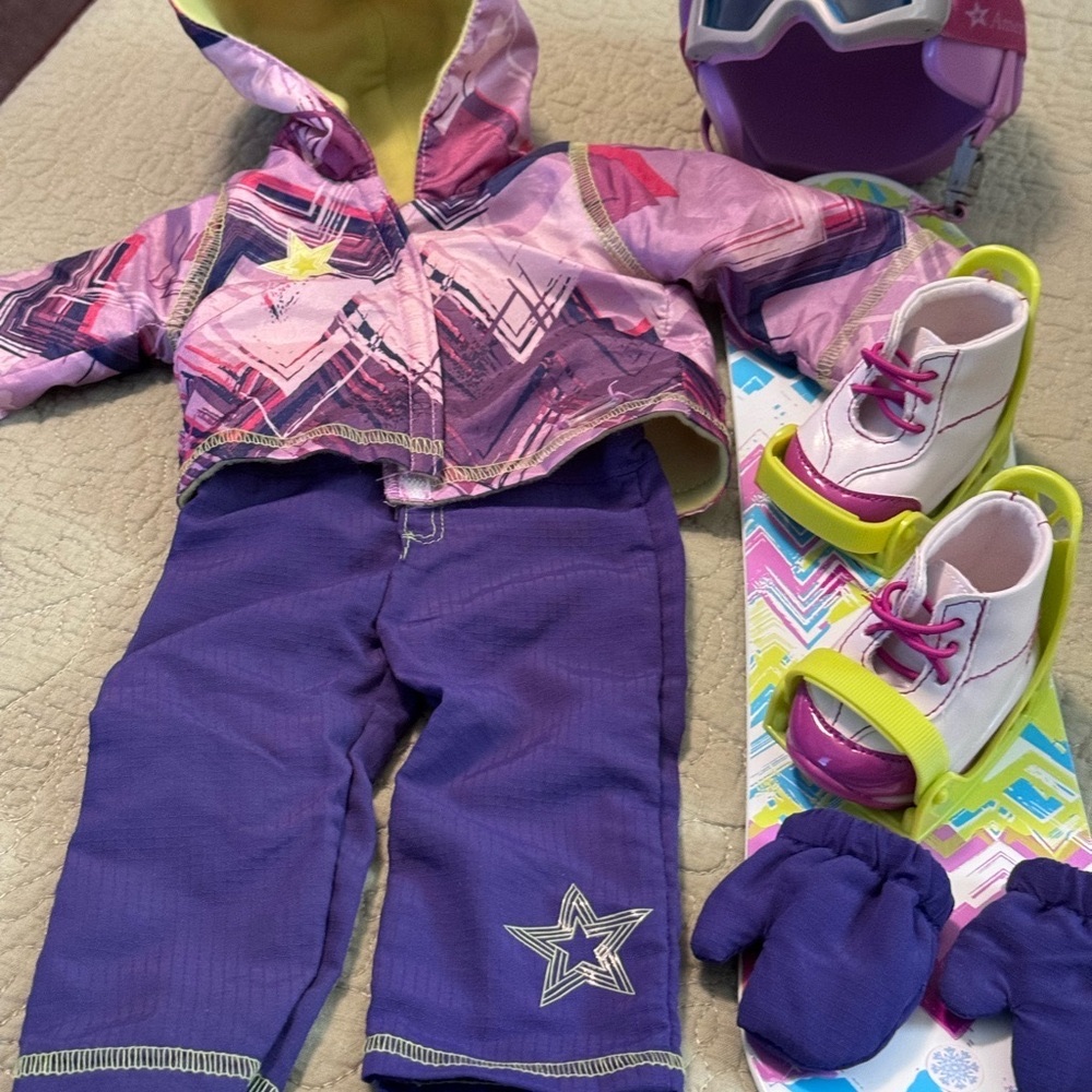 American Girl Doll Ski Outfit plus ski shoes, ski, helmet.